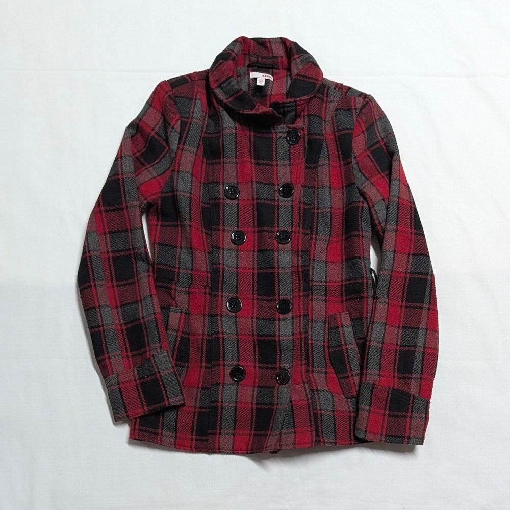 Bongo Womens Red Black Plaid Wool Blend Pea Coat Jacket Size M Funnel Neck